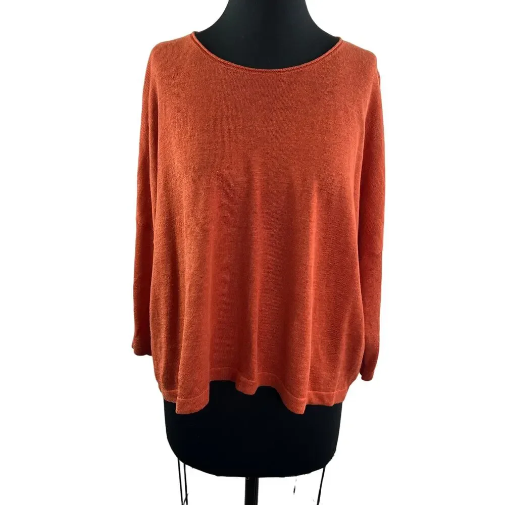 EILEEN FISHER Orange Linen Long Sleeve Bateau Neck Pullover Sweater Size S/M